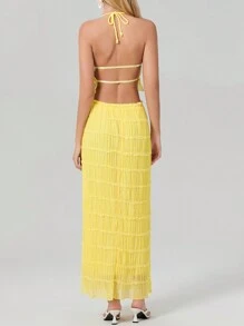 Women Y2k Two Piece Maxi Skirt Sets Beach Vacation Outfit Boho Sleeveless Ruched Halter Crop Cami Tops Backless Tank Tops And Long Swing Skirt Pleated Retro Tulle Chiffon Flowy Skirt Going Out Set 2 Piece Outfits Summer Holiday Party Outfit - 黃色 - 查看 4