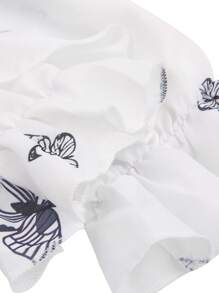 Women Button-Down Ruffle Shirt, Adults Solid Color/Letter/Butterfly/Plant Print V-Neck Long Sleeve Blouse - Crema - Ver 6