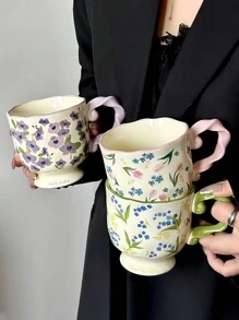1pc复古花卉陶瓷杯农家风格高脚花朵咖啡杯手工大容量早餐牛奶杯家用水杯办公室咖啡杯甜品杯下午茶杯返校 - 彩色 - 查看 2
