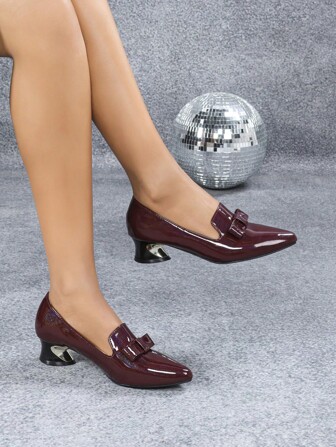 蝴蝶结装饰粗跟封闭式鞋头套脚浅口鞋