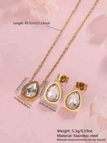 1 Bộ dây chuyền và hoa tai bằng thép không gỉ hình giọt nước pha lê phong cách Pháp sang trọng thanh lịch, phù hợp cho phụ nữ đeo khi đi dự tiệc hoặc đi làm, cũng như làm quà tặng ngày lễ tình nhân - Vàng - Xem 7