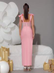 Modphy Black Sexy Sleeveless Bowknot Rhinestone Mesh Patchwork Pleated Slit Bandage Dress For Party/Festival - Pink - View 7