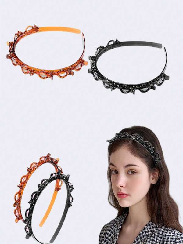 1pc Hairpin DIY Handmade Hair Accessory, Multi-Layer Hollow Braided Hair Band With Press Studs, Double-Layer Hair Clip Hairband Head Ornament, Bangs Braided Hair Clips For Daily Styling, Casual & Work Outfits Tiaras Y2k,Hairband,Hair Hoop Headbands, Black ,Home,Skincare Headband