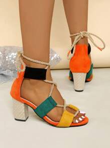 Women's Chunky High Heel Sandals Casual Open Toe Peep-Toe Lace-Up Shoes - Orange - View 6