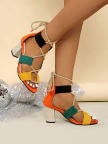 Women's Chunky High Heel Sandals Casual Open Toe Peep-Toe Lace-Up Shoes - Orange - View 4