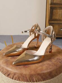 Snake Skin Strap High Heels, European And American Style Pointed Toe Patent Leather Hollow-Out Closed Toe Sexy Party Sandals