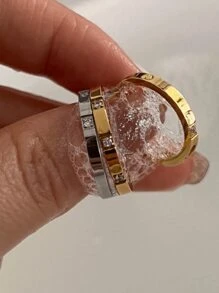 1 pieza Anillo con forma de corazón de acero inoxidable en color oro rosa/plateado con 3 piedras cúbicas de circonia, regalo de joyería para parejas/bodas
