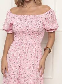 Long Dress With Puffed Sleeves Elastex Print - Baby Pink - View 4