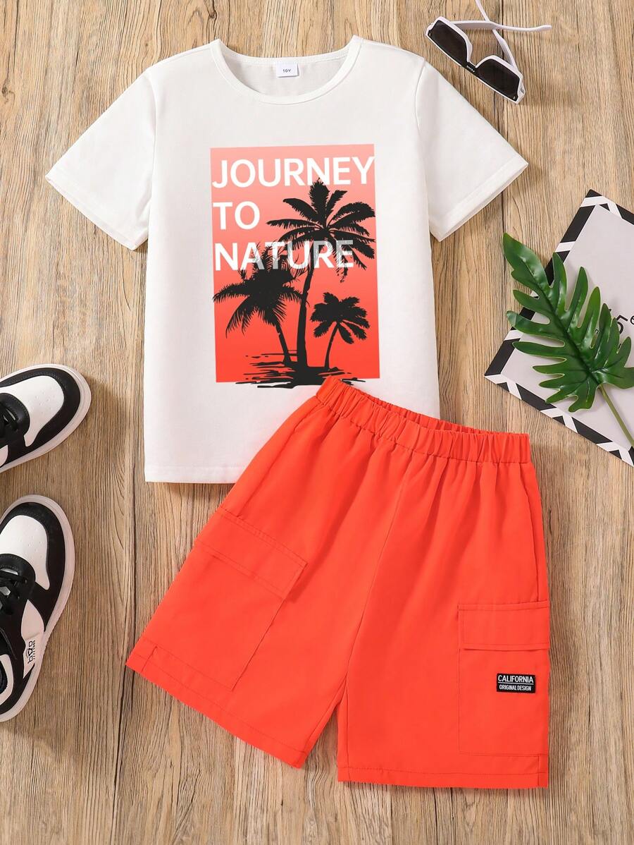 男童椰子树图案印花短袖 T 恤和短裤套装 - 橘色 - 查看 1