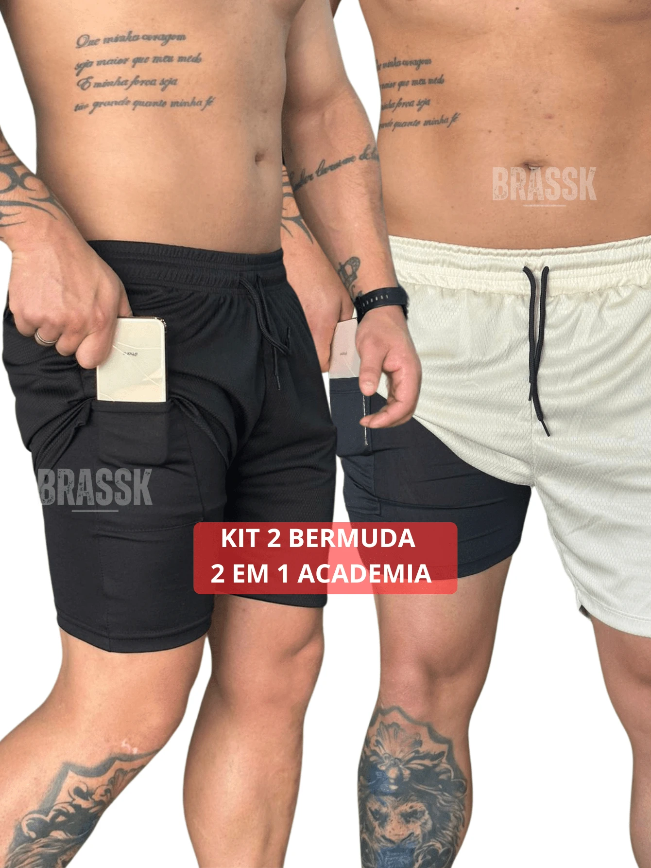 KIT 2 Shorts 2 In 1 Dry Fit Lined Bermuda Men's Gym Running Training With Elastane - Màu be - Xem 1