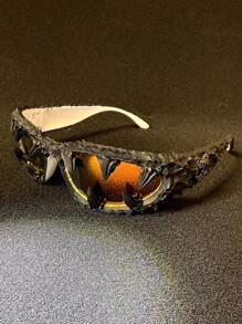 CASHEW FLOWER SKULL 1pc Skull Decoration Drip Glue Handmade Random Effect Asymmetrical Vintage Bohemian Elegant Party Frame Unisex Fashion Glasses - 黑色 - 查看 15