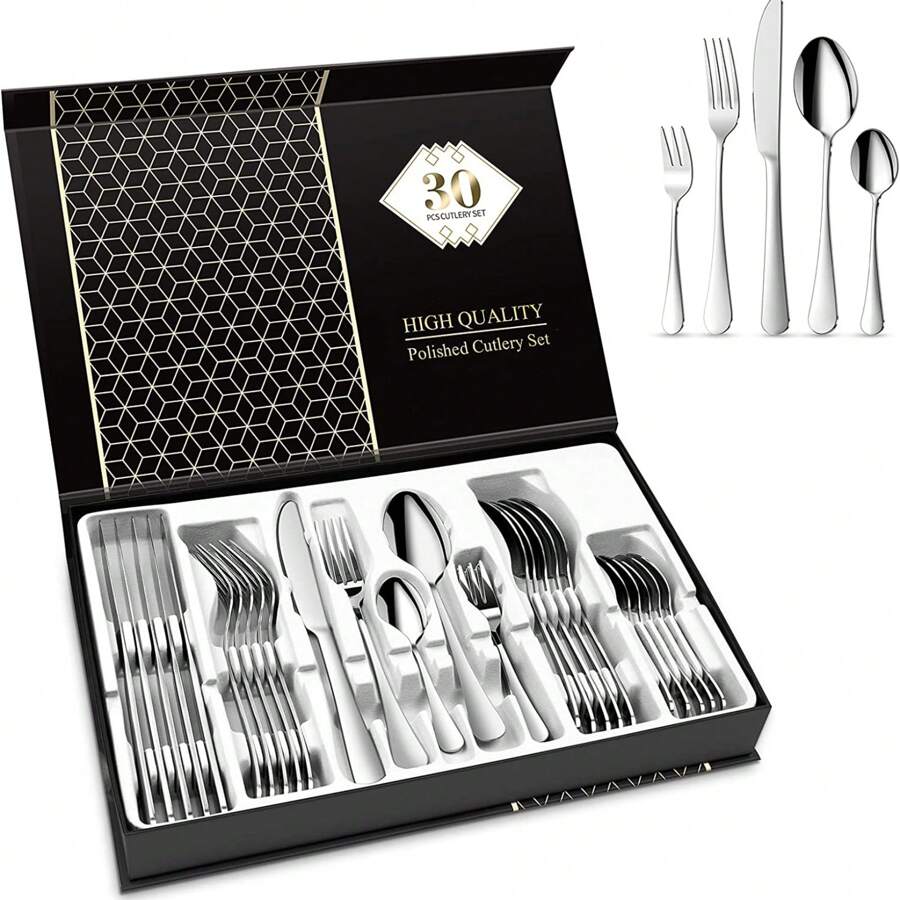 Silbernes 30-teiliges Edelstahl-Besteckset, aus hochwertigem Edelstahl gefertigt, langlebig und leicht zu reinigen. Ergonomisch geformte Rundung für bequemen Griff. Ausgestattet mit Tafelmesser, Gabel, Löffel, Teelöffel und Dessertgabel. - Silber - Übersicht 1