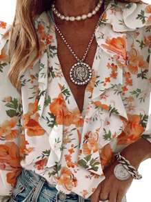 Women Button-Down Ruffle Shirt, Adults Solid Color/Letter/Butterfly/Plant Print V-Neck Long Sleeve Blouse - Orange - View 3