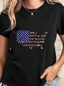 Hearts Usa Flag Independence Day Pattern T-Shirt Plus Size Stylish Crew Neck Women'S Casual Round Neck Short Sleeve