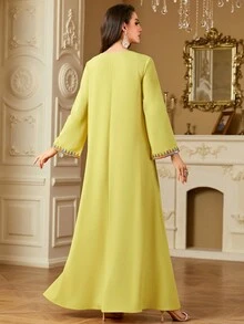 Women's Elegant Embroidered Sequins Drawstring V-Neck Casual Long Dress, Spring/Summer, Modest Kaftan - Yellow - View 2