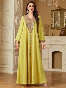 Women's Elegant Embroidered Sequins Drawstring V-Neck Casual Long Dress, Spring/Summer, Modest Kaftan - Yellow - View 1