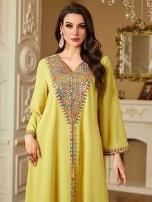 Women's Elegant Embroidered Sequins Drawstring V-Neck Casual Long Dress, Spring/Summer, Modest Kaftan - Yellow - View 6
