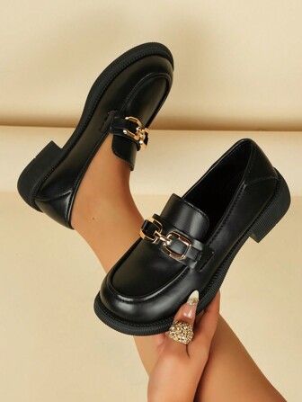 Round Toe Chunky Heel Slip-On Loafers, New Mid Heel Casual Leather Pumps For Women