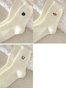 1pair/3pairs Women's Comfortable Winter Cartoon Mid-Calf Socks, Polyester Blended, Knitted Fabric, Cute Animal Pattern, Warm Lining, Hand Washable - Beige - View 19