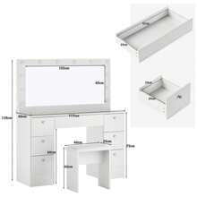 CLIPOP Schminktisch mit Beleuchtung, Spiegel und gepolstertem Hocker, 3 farblich einstellbare LED-Leuchten, 7 Schubladen, großer Schminktisch, Mädchen, Schlafzimmer Weiß  117x40x135 cm