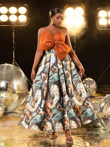 Faeriesty Solid Strapless Contrast Printed Satin Hem Party Dress With Bow, Wedding Guest Cocktail Dress - Orange - View 5
