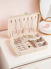 1 pieza Caja de almacenamiento de joyas de PU, Caja de joyas de viaje, Caja de almacenamiento de joyas de cierre a presión, Caja de viaje portátil de doble capa con soporte de exhibición, Caja de almacenamiento multifuncional para joyas, pendientes y anillos, Regalo de Navidad, Regalo del Día de San Valentín