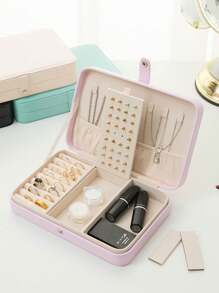 1 pieza Caja de almacenamiento de joyas de PU, Caja de joyas de viaje, Caja de almacenamiento de joyas de cierre a presión, Caja de viaje portátil de doble capa con soporte de exhibición, Caja de almacenamiento multifuncional para joyas, pendientes y anillos, Regalo de Navidad, Regalo del Día de San Valentín