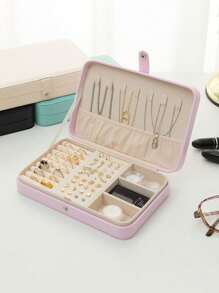 1 pieza Caja de almacenamiento de joyas de PU, Caja de joyas de viaje, Caja de almacenamiento de joyas de cierre a presión, Caja de viaje portátil de doble capa con soporte de exhibición, Caja de almacenamiento multifuncional para joyas, pendientes y anillos, Regalo de Navidad, Regalo del Día de San Valentín