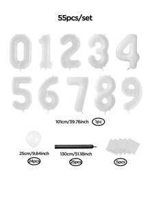 55pcs/Set 40inch (Approx. 101cm) White Number 0-9 Foil Balloons, Black & White Cartoon Balloons For Birthday Party Decor
