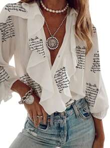 Women Button-Down Ruffle Shirt, Adults Solid Color/Letter/Butterfly/Plant Print V-Neck Long Sleeve Blouse - Beis - Ver 2