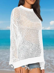 Womens Crochet Tops Long Sleeve Beach Summer Sweater Crew Neck Mesh S  Swimsuit Tunic Pullover Tops Christmas Gift & New Year Gift - 白色 - 查看 2