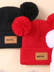 5pcs/Set Baby Autumn/Winter Hat Combination MINI Fabric Label Double Ball Knit Hat Suitable For Daily Use - Multicolor - View 3