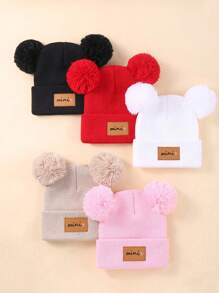5pcs/Set Baby Autumn/Winter Hat Combination MINI Fabric Label Double Ball Knit Hat Suitable For Daily Use - Multicolor - View 1