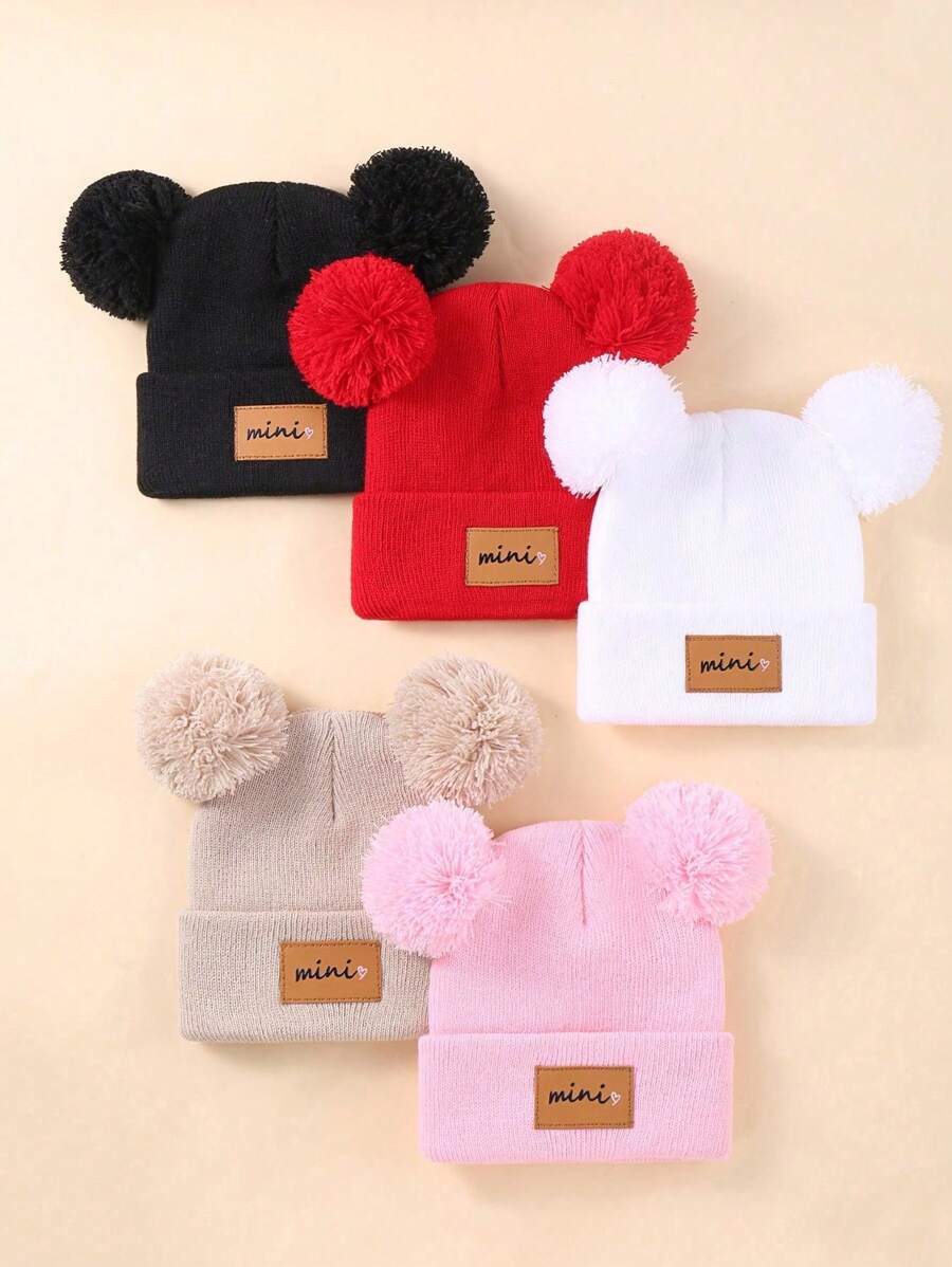 5pcs/Set Baby Autumn/Winter Hat Combination MINI Fabric Label Double Ball Knit Hat Suitable For Daily Use - Multicolor - View 1