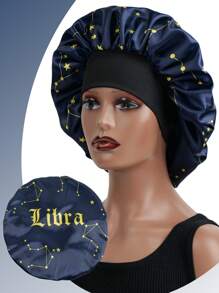 1pc Satin Elastic Sleeping Cap With Drawstring Bow, Printed With 12 Zodiac Signs, Unisex Sleep Bonnet - Black - View 19