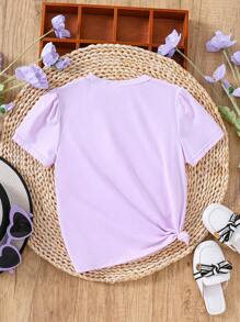 年轻女孩休闲卡通印花短袖上衣，日常穿着 - 紫色 - 查看 2