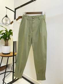 ISADORA MODA Women's Carrot Pants Twill, 2 Buttons, With Pockets, Solid Color() - Mint Green - View 4