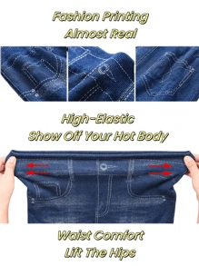 Leggings casuais de efeito Denim para mulheres na primavera/outono, cintura alta elástica, ajuste slim, com bolsos falsos, confortável e versátil para fitness, corrida, exterior, rua, agachamentos profundos, ioga - Azul