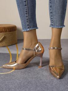 Snake Skin Strap High Heels, European And American Style Pointed Toe Patent Leather Hollow-Out Closed Toe Sexy Party Sandals