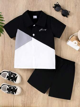 2pcs/Set Young Boys Summer Colorblock Letter Print Button Collar Short Sleeve Shirt And Solid Color Casual Comfortable Shorts