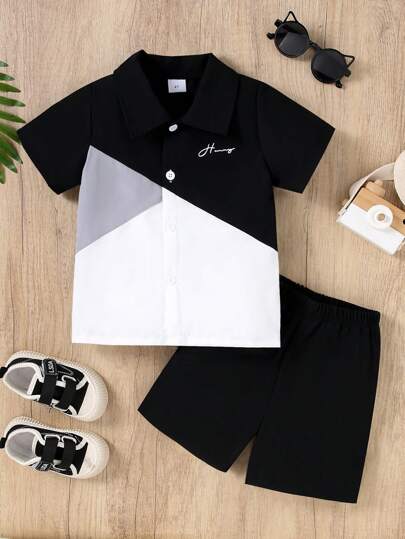2pcs/Set Young Boys Summer Colorblock Letter Print Button Collar Short Sleeve Shirt And Solid Color Casual Comfortable Shorts