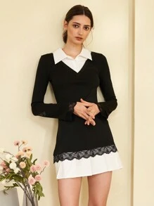 Vestido corto de manga larga con cuello de encaje a color blanco y negro, diseño de patchwork, elegante y equilibrado, apropiado para primavera/verano en el trabajo/oficina