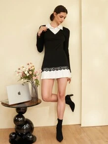 Vestido corto de manga larga con cuello de encaje a color blanco y negro, diseño de patchwork, elegante y equilibrado, apropiado para primavera/verano en el trabajo/oficina
