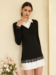 Vestido corto de manga larga con cuello de encaje a color blanco y negro, diseño de patchwork, elegante y equilibrado, apropiado para primavera/verano en el trabajo/oficina