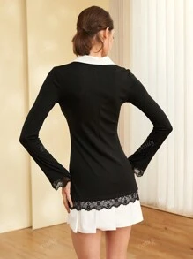 Vestido corto de manga larga con cuello de encaje a color blanco y negro, diseño de patchwork, elegante y equilibrado, apropiado para primavera/verano en el trabajo/oficina