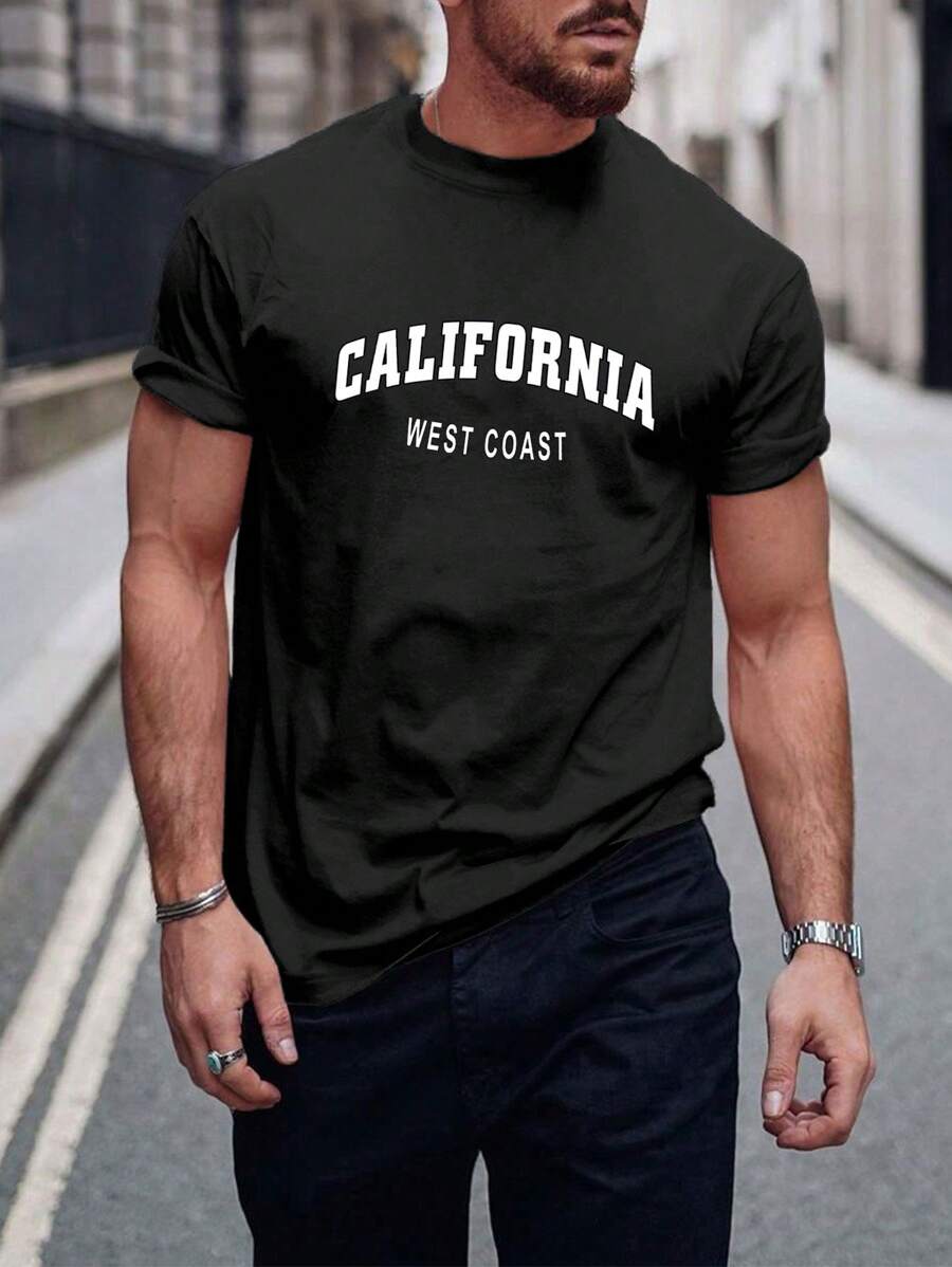 Camiseta De Hombre Con Impresión De Letras - Negro - Ver 1