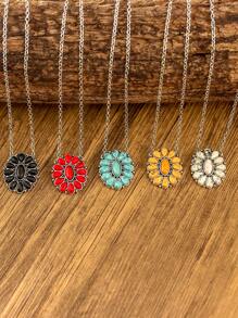 1pc Bohemian Retro Style Women's Pendant Necklace, Composed Of Multiple Round Turquoise Stones, Western Style Women's Chain Necklace, Round Petal Necklace, Suitable For Women's Daily Wear, Holidays Or As A Gift For Friends