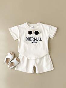 2 件套男婴/女婴刺绣休闲装 - T 恤和短裤套装，春夏 - 杏色 - 查看 1