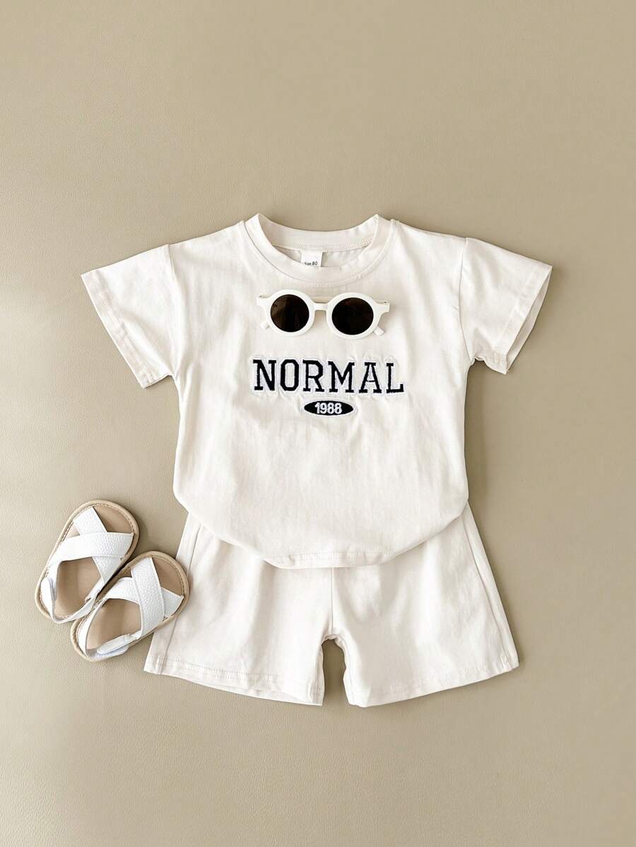 2 件套男婴/女婴刺绣休闲装 - T 恤和短裤套装，春夏 - 杏色 - 查看 1