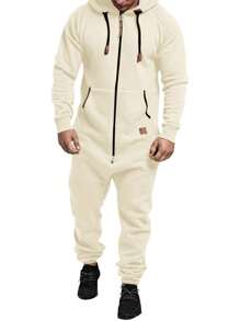 Men Winter Hooded Jumpsuits With Pockets Full Zipper Up Sweatsuit - 米色 - 查看 2